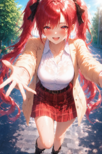 朝比奈 茜(あさひな あかね)のプロフィール用AIイラスト。赤髪のツインテール