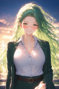 橘 環(たちばな たまき)のプロフィール用AIイラスト。緑髪のオールバック