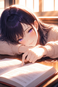 白石 詩織(しらいし しおり)のプロフィール用AIイラスト。落ち着いた黒髪ロング
