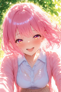 若葉 陽菜(わかば ひな)のプロフィール用AIイラスト。ピンクのショートヘア