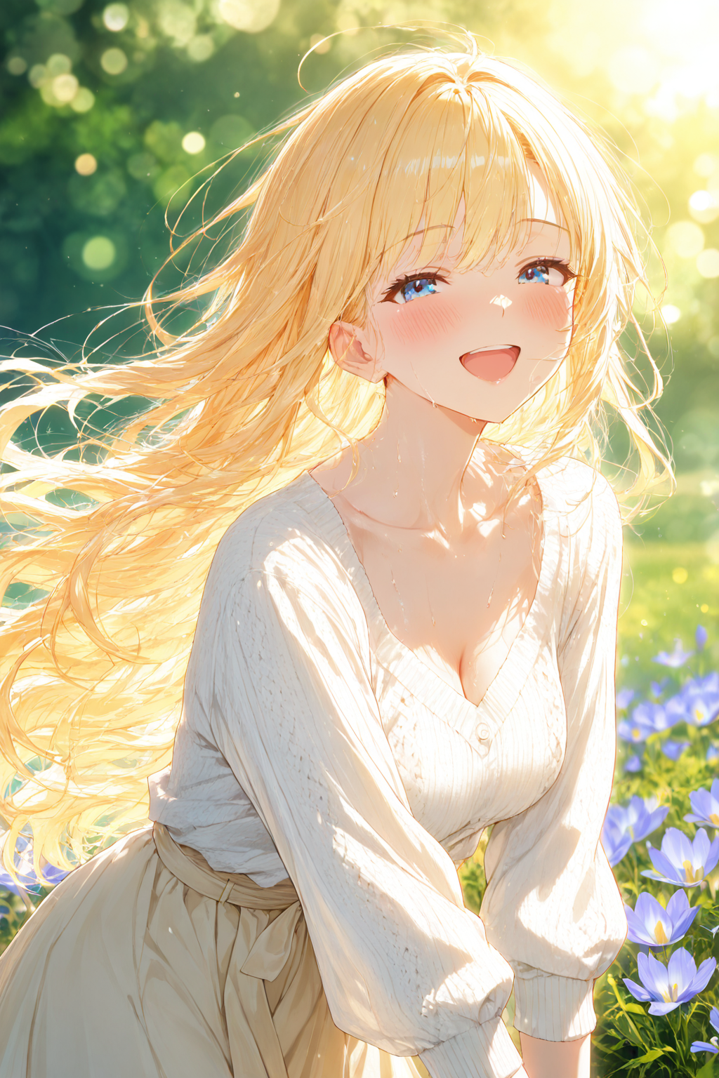 「○○な彼女達」の穂坂 紬（ほさか つむぎ）のプロフィール用AIイラスト。ゆるくウェーブした長い金髪