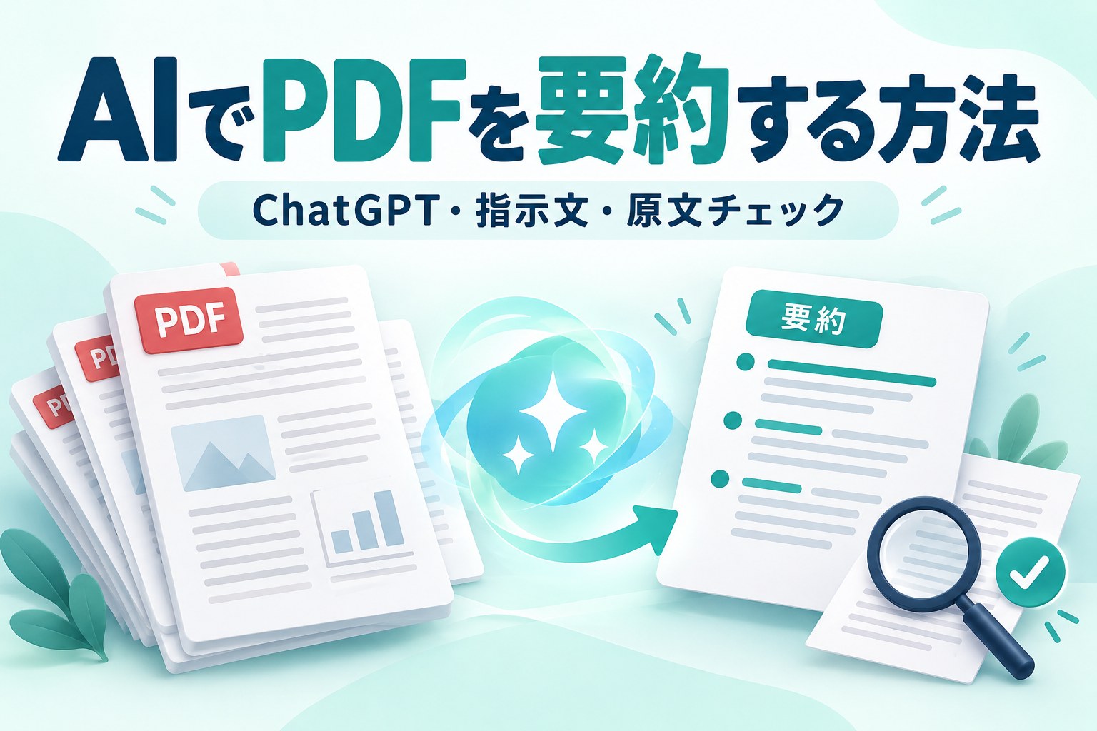 AIでPDFを要約する方法。PDFから要約を作り原文を確認する流れを表すAI生成イラスト。