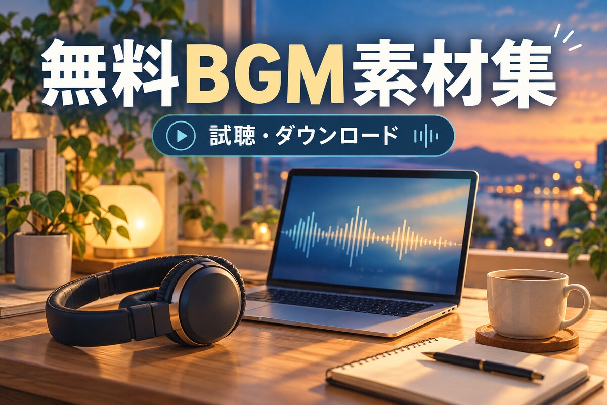 ヘッドホンとノートパソコンを描いた無料BGM素材集の案内画像（AI生成イメージ）