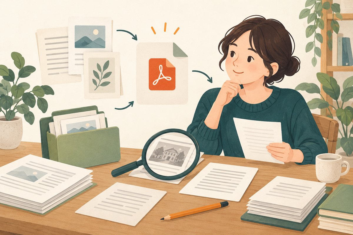 書類と虫眼鏡を前にPDFの作業方法を考える人物のAI生成イメージイラスト。実際の操作画面ではありません。